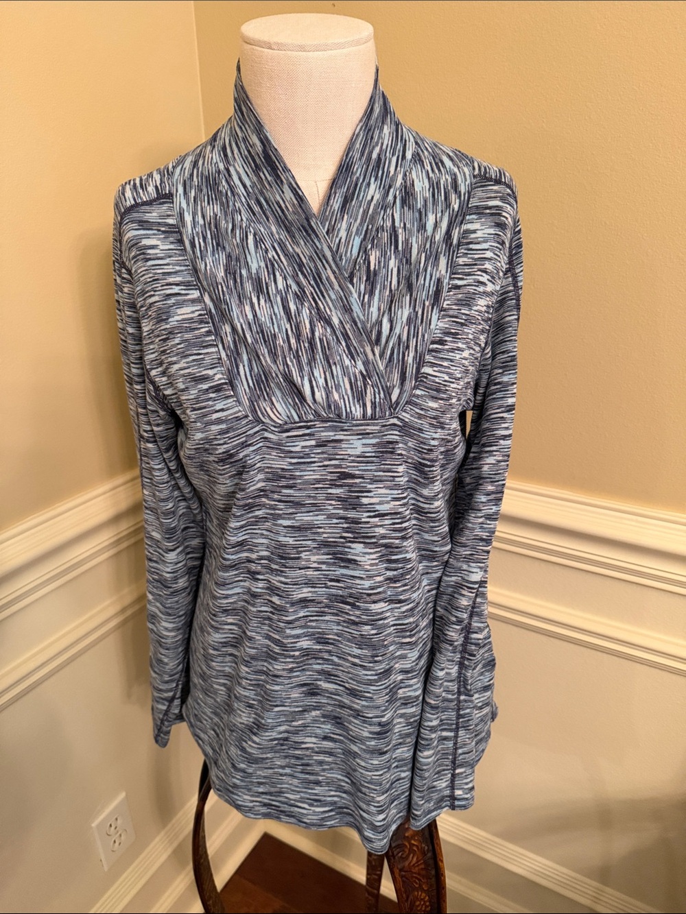 Blue Heathered Shawl Collar Pullover Top